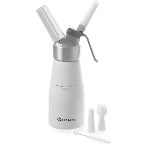 Hendi Sifone per cucina, set di 3 ugelli erogatori ed una spazzolina per la pulizia, per panna montata, mousse, dessert, sifone per panna montata, 0,25L, ø80x(H)200mm, alluminio, bianco, Bianco, 0.25L