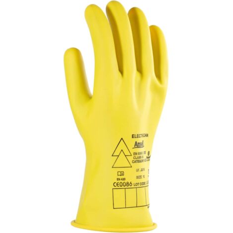 Ansell ActivArmr Guanti Dielettrici per Elettricisti, Classe 00 (Tensione fino 500V), Protezione per Lavori Elettrici, Lattice di Gomma Isolante, 28cm, Giallo, Taglia XL (1 Paio)