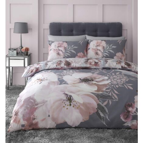Catherine Lansfield Floreale Drammatico Copripiumino, Poliestere Cotone, Grigio, Set piumone 2 piazze