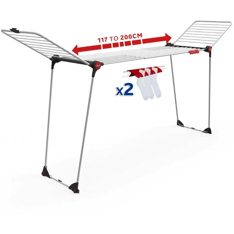 Vileda Infinity Flex Plus, stendibiancheria di grandi dimensioni, griglia telescopica estensibile fino a 2 mt, ali alte, 30 mt stenditura, due supporti per piccoli capi