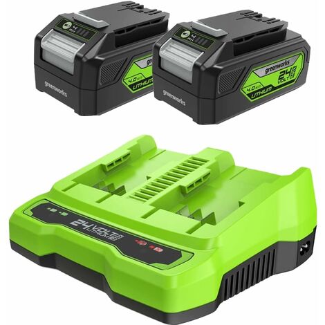 Greenworks Batterie 24V e Caricabatterie Doppio Slot - Due Batterie Ricaricabili 4Ah per Tutti gli Elettroutensili Greenworks 24V, Uscita 48W Tensione 4A, Carica Singola in 60 Minuti - G24B4 & G24X2C