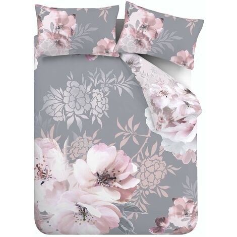 Catherine Lansfield Dramatic - Set copripiumino, Motivo floreale, Grigio,  King Size (copripiumino 220 x 230 cm +