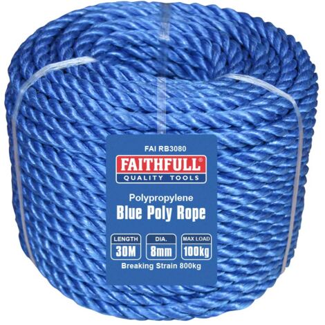 Faithfull Bobina di corda in poliestere blu FAIRB3080, diametro 8 mm x 30 m, carico massimo 100 kg, carico di rottura 800 kg