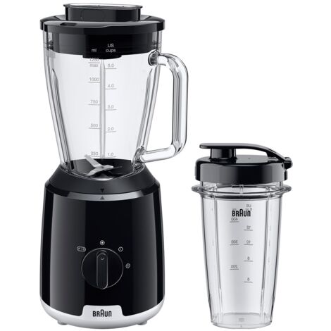 Braun PowerBlend 1 JB1051BK, Frullatore da Tavolo con Bicchiere Smoothie2Go, Frullatore con caraffa di Vetro Triangolare, 2 Velocità, Funzione Tritaghiaccio, 600W, Nero