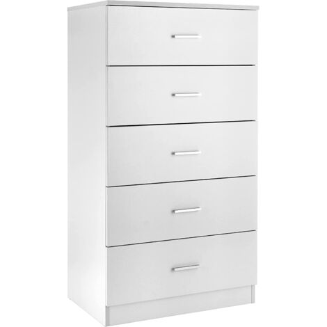 Baroni Home Cassettiera 5 cassetti in Nobilitato, Mobiletto da Camera da Letto o Soggiorno, Mobile Moderno Bianco 60x40x110 cm