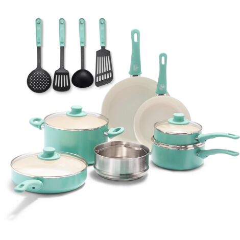 GreenLife Soft Grip Batteria di Pentole 15 Pezzi, Rivestimento Antiaderente Senza PFAS,Padella 20/26cm,Casseruola 22cm con Coperchi, Pentola 16/18cm, Induzione,Lavabile in lavastoviglie,Forno,Turchese
