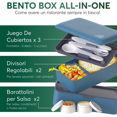 Porta Pranzo 2L, Lunch Box Ermetico con 4 Scomparti e Posate, Sicuro per Microonde, Lavastoviglie, Portapranzo Ufficio, Bento Lunchbox Prova di Perdite per Adulti, Schiscetta Pranzo Umami
