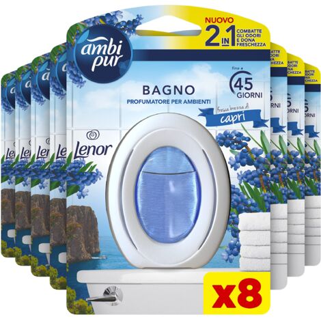 Ambi Pur Bagno Profumatore Per Ambienti, 8 per Bagno, Fragranza Lenor Freschezza Brezza di Capri, Diffusore Con Tecnologia Elimina Odori, Durata Fino A 45 Giorni