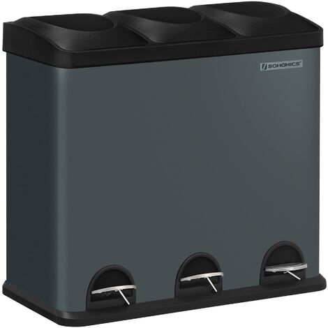 Songmics Pattumiera di 54L, Cestino di Spazzatura, a 3 Sezioni, con Pedale, Secchio Interni, 6 Etichetti per Smaltimento Facile, Grigio e Nero, LTB54G (1/4)
