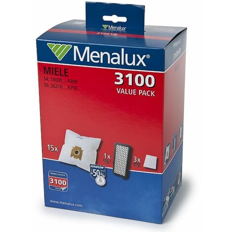 Menalux 3100VP - Confezione risparmio per aspirapolvere Miele S4 / S6  comprendente 15 sacchetti / 1 filtro HEPA F
