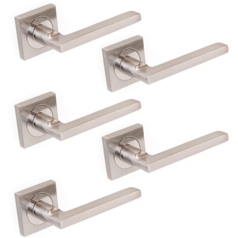 Emuca - Maniglie porta interna, set di 5 coppie di maniglie per porta da interno con rosetta 50x50 mm, Alluminio e zama, Nickel satinato.