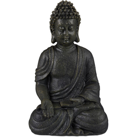 Relaxdays Statua del Buddha Seduto, 30cm da Giardino e Soggiorno, in Poliresina, Impermeabile Anti-Gelo Grigio Scuro