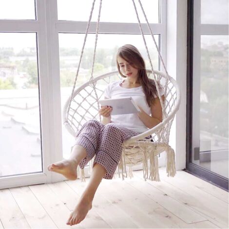 Poltrona Sospesa Da Esterno In Corda Di Cotone - Con Cuscino Imbottito, Struttura Acciaio, Portata 120 Kg, Beige