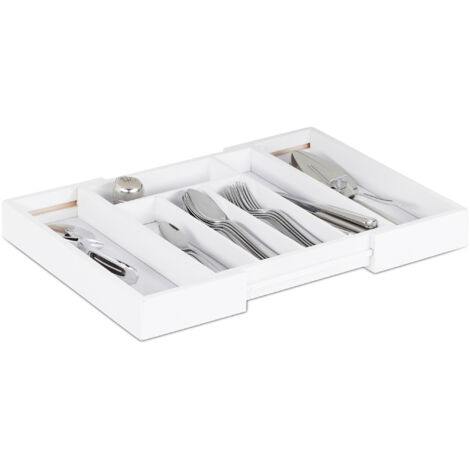 Relaxdays Portaposate da cassetto estraibile larghezza variabile da 5 a 7 scomparti in bambù HLP: 5x48x33,5 cm bianco