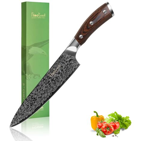 FineTool Coltello da cucina, coltello da chef professionale 20cm acciaio inossidabile 7Cr17 con legno di Pakkawood, coltello da cucina più affilato, scelta migliore per la casa e il ristorante (1/5)