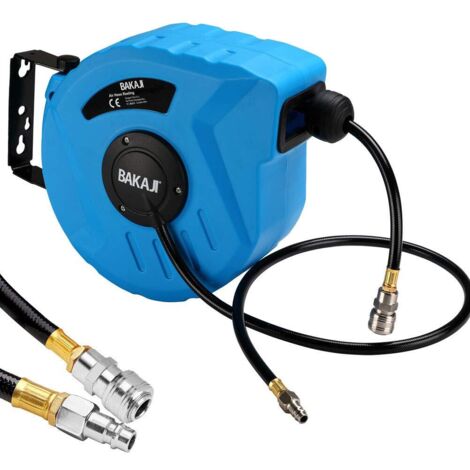 Bakaji Avvolgitubo Aria Compressa con Tubo 10 mt Attacco 1/4" Fissaggio a Parete Muro Sistema blocco automatico, Salvaspazio Accessorio Compressore Aria compressa Pressione Max 12 Bar (10 + 1 mt)