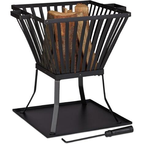 Relaxdays Brucialegna XL con Attizzatoio, Braciere da Giardino e Terrazza, con Vassoio, per Legna, 56x56,5x45cm, Nero