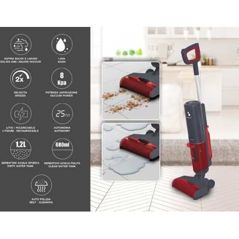 BEPER P202VAL200 Lavapavimenti Senza Filo Potente a 2 velocità Pavimenti  con Display LED, Aspirapolvere Lava Aspira Asciuga Rosso, 200 W, 1.2 Liters