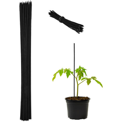 Relaxdays Set da 50 Bastoncini per Piante, Supporti per Rampicanti, Verdure, Ø 6mm, Fili da Legatura incl, 60 cm, Nero, bambù (1/5)