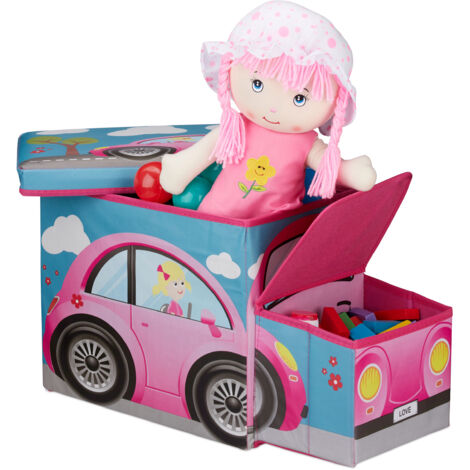 Relaxdays Sgabello Bambini Contenitore Giocattoli con Scomparto, Pieghevole, Forma di Automobile 50 l Fucsia