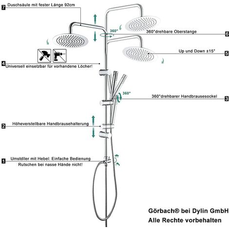 Görbach Colonna Doccia Acciaio Inox Senza Miscelatore Fori Muro Regolabili Colonna  Doccia idromassaggio senza Miscelatore Set