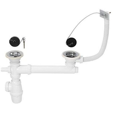 Wirquin 30721103 Scarico per lavello 2 vasche D60 con troppopieno e presa lavatrice, bianco