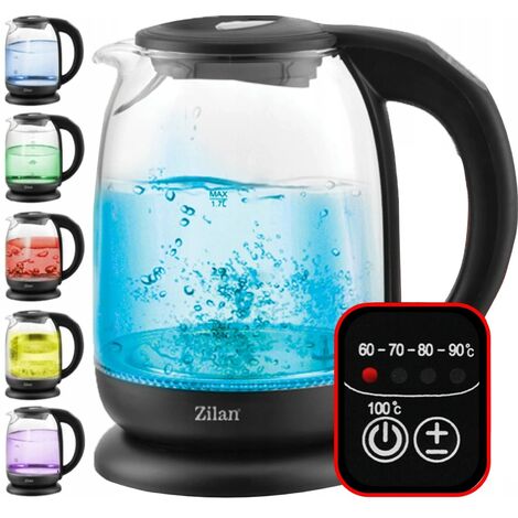 Zilan, Bollitore con corpo in vetro borosilicato alto, Spegnimento automatico con Led con Diversi Colori dei LED, 1,7Lt, 5 diverse impostazioni di temperatura, Bollitore cordless 360° , 2200W, (1/4)