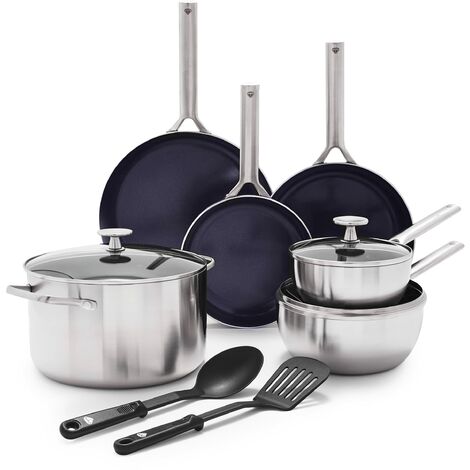 Blue Diamond Cookware Triple Steel Set Di Pentole Antiaderente in Acciaio Inox in Ceramica Rinforzata con Diamanti,11 Pezzi,Include Padella,Senza PFAS,Multistrato,Induzione,Forno,Lavastoviglie,Argento (1/4)