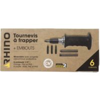 RHINO 15412 - Cacciavite a percussione 1/2" reversibile + 6 punte piatte, PH2, PH3, impugnatura ergonomica e protettiva in gomma permette di sbloccare tutti i tipi di viti