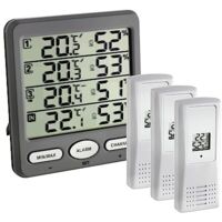 TFA Dostmann Termo-igrometro digitale radiocontrollato Klima-Monitor, 30.3054.10, con 3 sensori esterno, temperatura e umidità, clima ambientale, valori di allarme, grigio