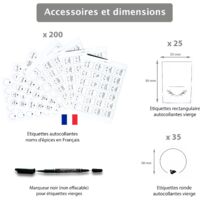 210 etichette per spezie in francese con codice colore QuickFind; adesivi da cucina per barattoli per spezie; rotondi da 38 mm; resistenti all'acqua e all'olio + etichette extra vergini