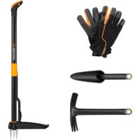 Fiskars Set di Attrezzi da Giardino, 4 pezzi, Sarchiatore Xact, Acciaio Inox/Plastica, Zappa e Cazzuola Combinata Solid, FiberComp,Guanti da Giardino, Misura: 10, Nero/Arancio, 1077308