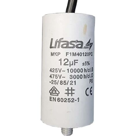 Condensador arranque motor electrico 450 V con cable 16.0 uF Blanco