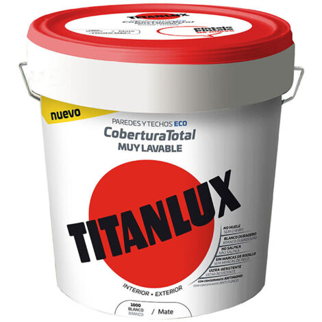 PINTURA PLÁSTICA LAVABLE MATE INTERIOR-EXTERIOR COBERTURA TOTAL BLANCO 4L TITANLUX 06T100005