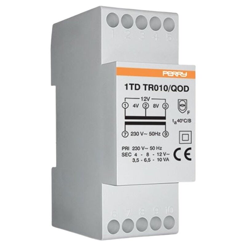 Transformador Perry 10VA salidas 4-8-12V 2 DIN 1TDTR010/QOD