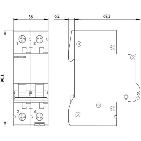 Interruptor magnetotérmico Siemens 2P 6A 10kA tipo C 2 módulos 5SL42067