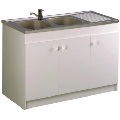 Aquarine – Meuble sous évier 3 portes en mélaminé blanc L120cm – Résistant à l'humidité – Pour rangement sous évier en cuisine ou buanderie