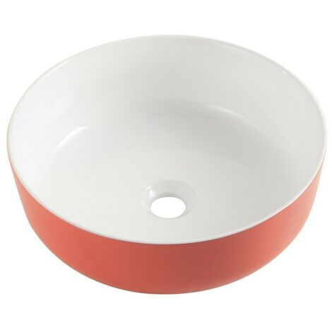 Vasque à poser ronde en céramique 385mm – Couleur corail extérieur – Hauteur 140mm – Sans trop plein ni plage de robinetterie – Alterna