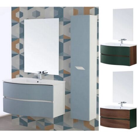 Bagno Italia Mobile bagno sospeso 90 cm ad onda lavabo specchio verde con cassetti noce