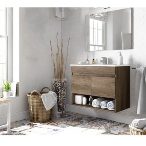 Bagno Italia Mobile bagno sospeso 80 cm colore rovere SBIANCATO con specchio