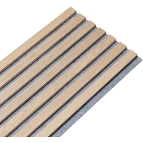 Panneau mural acoustique tasseaux bois 250 x 30 x 1,9 cm - Lamelles chêne clair véritable sur fond gris - 0,75m²