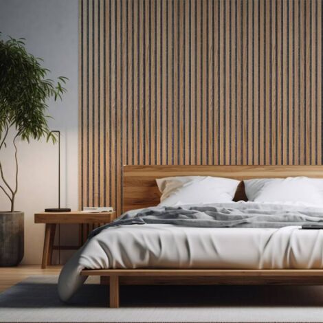 Panneau mural acoustique tasseaux bois 250 x 30 x 1,9 cm - Lamelles chêne clair véritable sur fond gris - 0,75m²