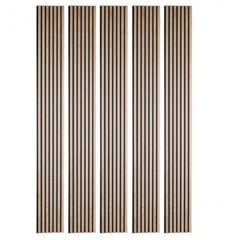 Pack Acoustic Mur TV tasseaux bois - Lot de 5 panneaux 250x30x1,9 cm - Lamelles chêne clair véritable fond noir - 3,75m²
