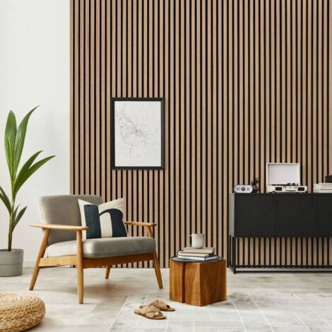 Lot 4 Panneaux Tasseaux Bois 250x30cm Chêne Clair Fond Noir - Revêtement Acoustique 3m²