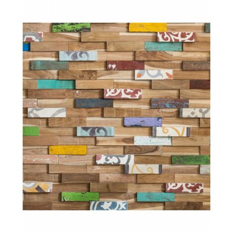 Decoon – Parement bois teck recyclé et carreaux de ciment 0,96 m² – Effet 3D moderne – Pose facile sans joints – Motifs zen et chaleureux