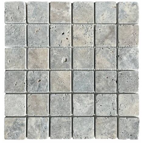 Decoon – Mosaïque travertin gris 4,8x4,8 cm – Plaque 30,5x30,5 cm – Épaisseur 1 cm – Pour murs et crédences intérieurs