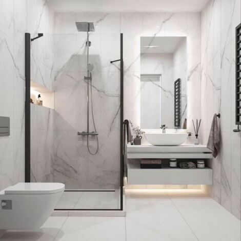 Lot de 8 Dalles Murales Douche SPC/PVC Décor Marbre Blanc Brillant - 38,9x77,8 cm - 2,42 m²