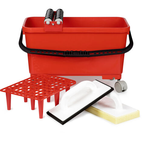 Kit joints professionnel 24L – Bac avec 4 roulettes – 2 rouleaux d'essorage – 1 platoir à joint et éponge – Pour grandes surfaces carrelées – Mat Inter
