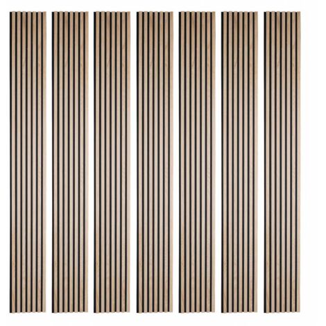 Lot de 7 panneaux tasseaux bois - 250x30x1 cm - Pack Mur TV bois 210cm - Lamelles chêne clair véritable fond noir - 5,25m²