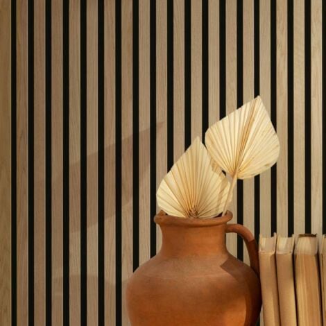 Lot de 9 Revêtements muraux tasseaux bois 120x30x1 cm - Pack tête de lit 200 - Lamelles chêne clair véritable fond noir 3,24 m²